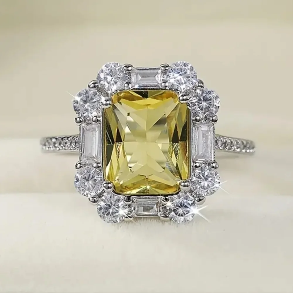 New Princess Square Cut Citrine Vice Stone Women Ring